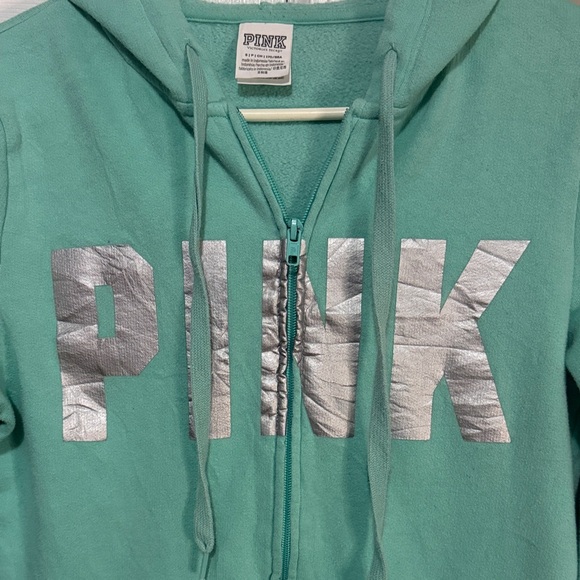PINK Victoria's Secret Teal Hoodie with Silver Logo size small - Picture 2 of 4